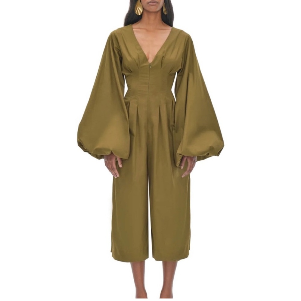 Andrea Iyamah Olive Green Balloon-Sleeve Jumpsuit